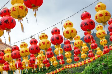 Gourd-shaped lanterns in red and yellow hues with Chinese characters sway gently in the breeze,...