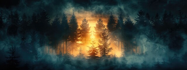 Misty landscape fire flames in forest jungle vintage trees