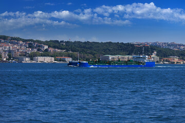 Fototapeta premium Blue seascape overlooking the coast. View of the Bosphorus in Istanbul city on sunny summer day, in a public place.