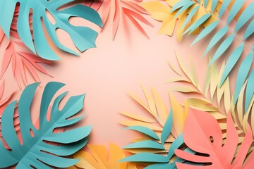 Obraz premium Vibrant Multicolored Tropical Leaves Abstract Artwork with Layered Textures and Central Copy Space for Modern Decorative Backgrounds