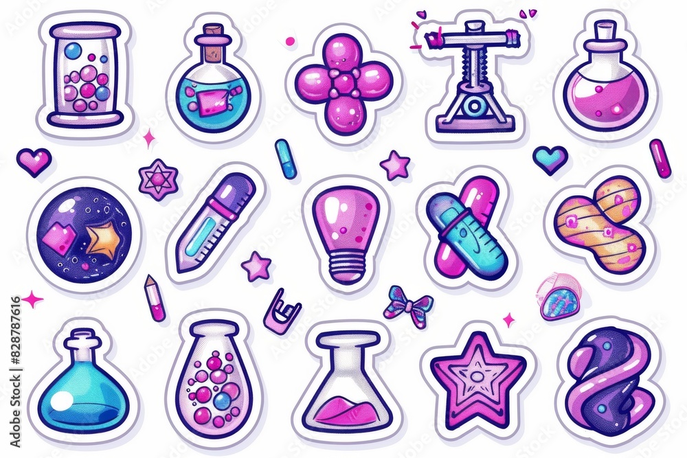 Poster whimsical vector illustration of colorful potion bottles with magical elements on a white background
