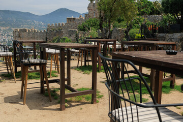 Beautiful views, public space city cafes in Turkey, on a summer day