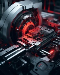 A closeup of sophisticated industrial equipment with a red laser in operation, showcasing the intricate details and technological prowess of modern machinery