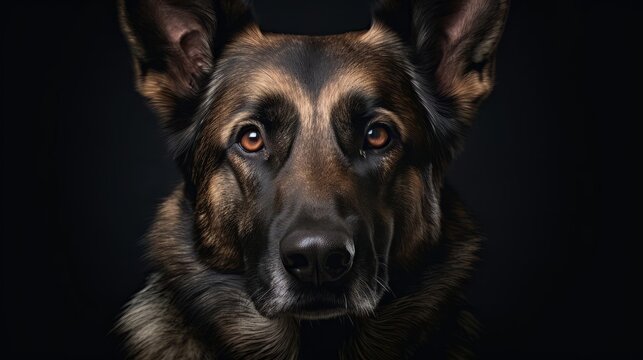 A sharp and clear image of a German Shepherds face, emphasizing its keen eyes and attentive expression, with a white background for a minimalist and striking look