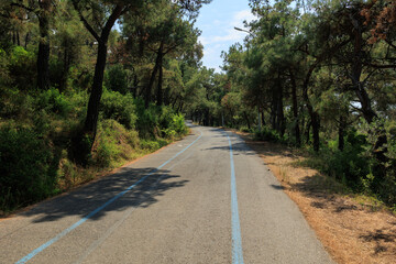 Beautiful road and landscape, streets and roads of a southern small town, public place in Turkey, on a summer sunny day
