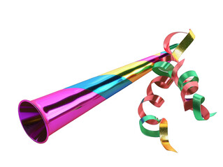 A colorful party horn with streamers, perfect for celebrating birthdays, holidays, and special occasions.