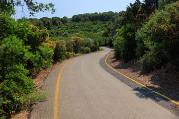 Beautiful road and landscape, streets and roads of a southern small town, public place in Turkey, on a summer sunny day