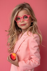 A girl in a pink jacket with loose hair and glasses holds a peach in her hand
