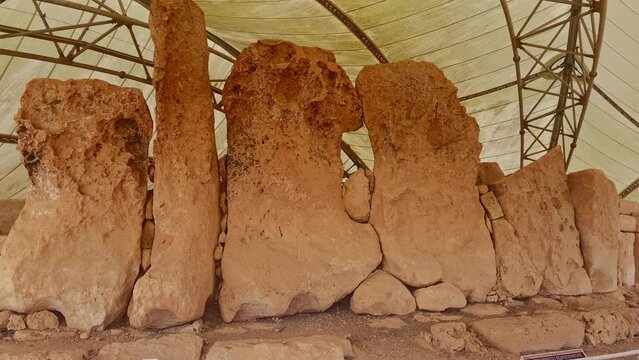 Temple structure, Hagar Qim megalithic temple complex ruins in Qrendi, on the Mediterranean island of Malta, dating from the Ggantija phase. High quality 4k footage