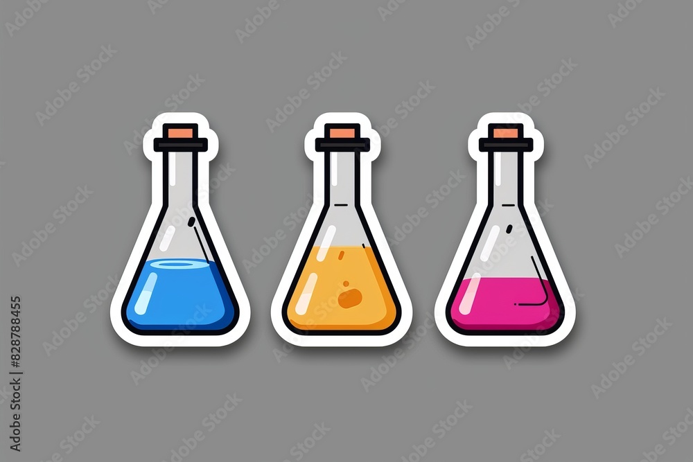 Poster minimalist vector illustration of three potion bottles on a gray background, emphasizing simplicity 