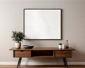 A white framed picture hangs on a brown wooden table