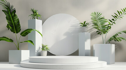 White backgrounds with palm leafs and white podium