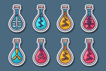 Detailed vector illustration of potion bottles with various contents on a blue background, emphasizing alchemical themes and vibrant design