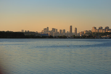 Fototapeta premium Orange sky at sunset in the evening. Seascape overlooking the coast in the city of Istanbul