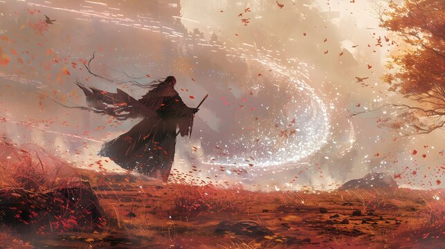 Pressed Flower of An Ankou entity brandishes a boomerang in a spectral wasteland, its ghostly trajectory defying natural laws