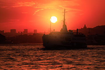 Fototapeta premium Evening sea view and ships, Seascape overlooking the coast of Turkey