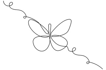 Butterfly continuous one line drawing of  Isolated outline vector art white background