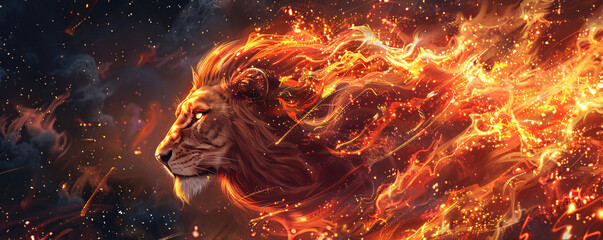 Fiery lion spirit roaring in cosmic blaze
