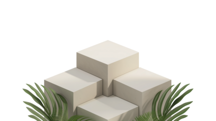 Cubes product podium stage with palm leaves isolated on transparent background
