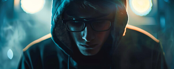 Mysterious person in hoodie with intense gaze - Powered by Adobe