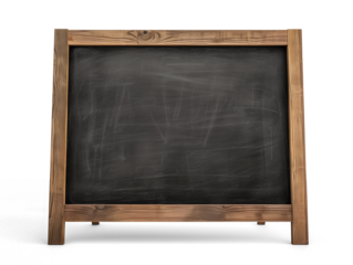 Blank blackboard in wooden frame isolated on transparent or white background, png