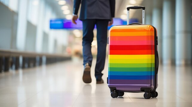 Rainbow suitcase being wheeled by a person in formal attire, airport terminal in the background, focus on travel gear for the LGBTQ community and business travel, bright and welcoming visual