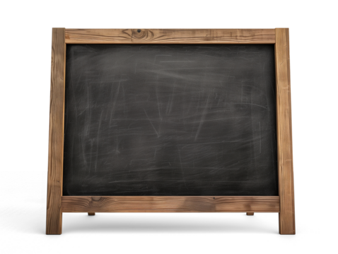 Blank blackboard in wooden frame isolated on transparent or white background, png