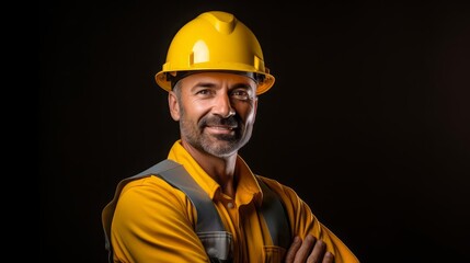 A smiling male construction worker with a yellow hard hat and overalls, standing against a bright yellow backdrop, highlighting themes of safety, expertise, and enthusiasm in construction