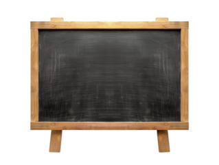 Blank blackboard in wooden frame isolated on transparent or white background, png