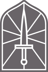 Church glass window. Gothic arch frame with medieval symbol. Vintage architecture element. Stained mosaic decoration with sword