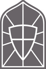 Church glass window. Gothic arch frame with medieval symbol. Vintage architecture element. Stained mosaic decoration with shield