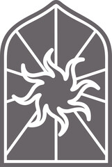 Church glass window. Gothic arch frame with medieval symbol. Vintage architecture element. Stained mosaic decoration with sun