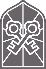 Church glass window. Gothic arch frame with medieval symbol. Vintage architecture element. Stained mosaic decoration with keys