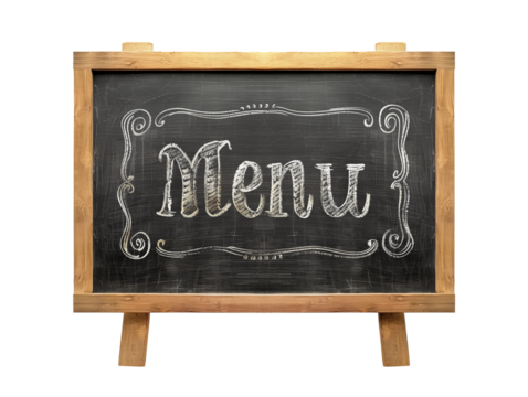 Blackboard with the word "Menu" written in chalk isolated on transparent background