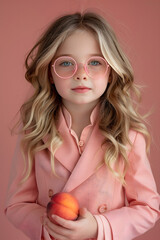 A girl in a pink jacket with loose hair and glasses holds a peach in her hand