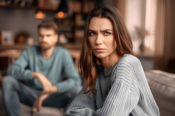 a woman in a gray sweater looking distressed and contemplative in the foreground