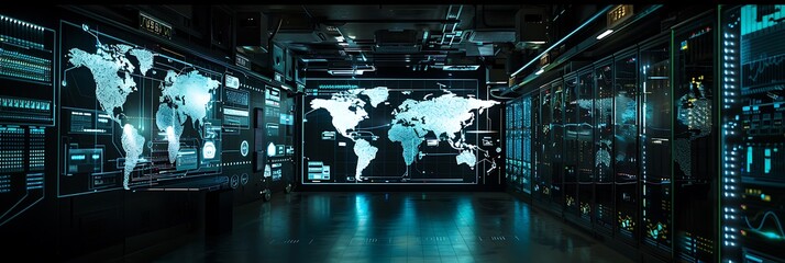  dark server room with holographic projections of global maps and data, highlighting the digitalization of information
