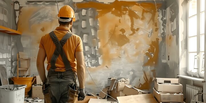 Repairman tackling chaos in antiquated apartment disarray transformed into stylish renovation. Concept Home Renovation, Repairman, Antiquated Apartment, Chaos, Transformation, Stylish Renovation