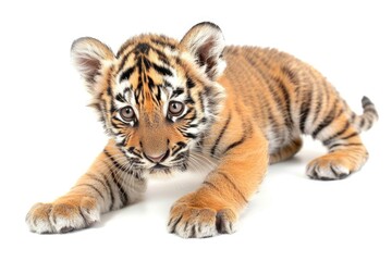 Fototapeta premium Adorable baby tiger cub with stripes isolated on white background
