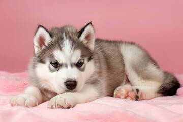 Fluffy Alaskan Malamute puppy on a pink background