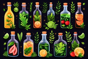 Whimsical vector illustration of botanical potion bottles on a dark background, emphasizing nature and alchemical themes with vibrant colors