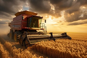 Fototapeta premium A striking agricultural scene of a combine harvesting wheat under a cloudy sky with sun rays shining through, representing the blend of human effort and natural elements in farming