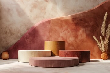 Elegant product podiums in Desert Sand, Burnished Brown, Old Burgundy, and Mystic theme. Minimalist design, Rule of Thirds composition for advertisement photography.