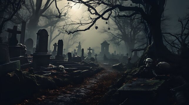 Scary graveyard with tombstones under a full moon. Generative AI.