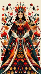 Fototapeta premium A stylized woman in a flowing gown adorned with vibrant floral patterns. The artwork features a bold color palette and intricate details.