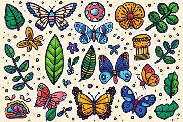 Detailed vector illustration of butterflies and botanical elements on a white background, emphasizing nature and alchemical themes with vibrant design