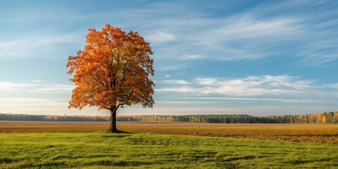 Fototapeta premium A single tree with vibrant autumn leaves stands alone in a vast open field under a blue sky