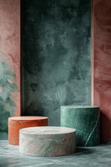 Elegant product podium in Sagebrush Green, Marsala, and Granite Gray theme, minimalist design complying with rule of thirds for captivating advertisements.