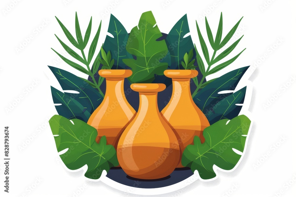 Poster minimalist vector illustration of orange potion bottles with leaf elements on a white background, em