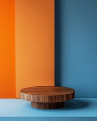 Minimalist product podium in Walnut, Aegean blue, honey, and persimmon orange colors. Rule of thirds composition for striking product photography.